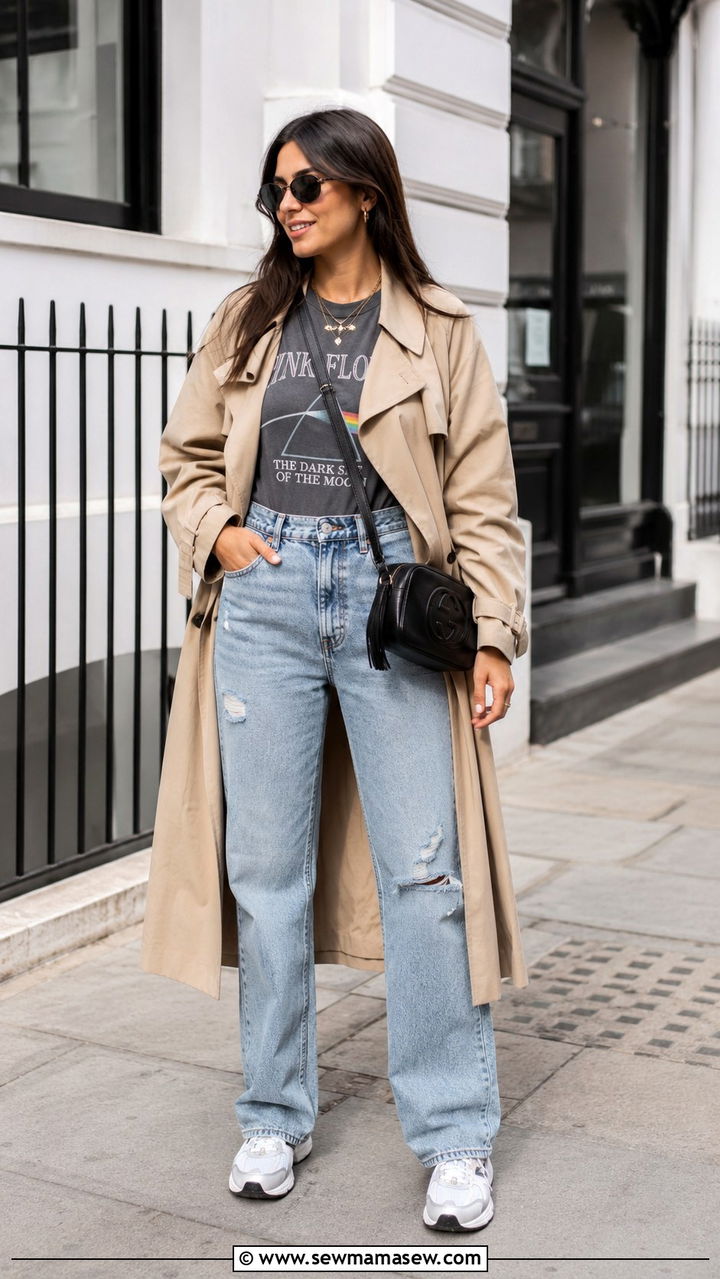 Trench Coat With High Waisted Distressed Jeans - 30 High waisted jeans outfit ideas with a trench coat