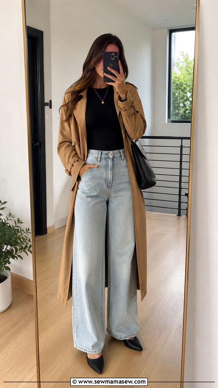 Trench Coat With High Waisted Jeans And Bodysuit - 30 High waisted jeans outfit ideas with a trench coat
