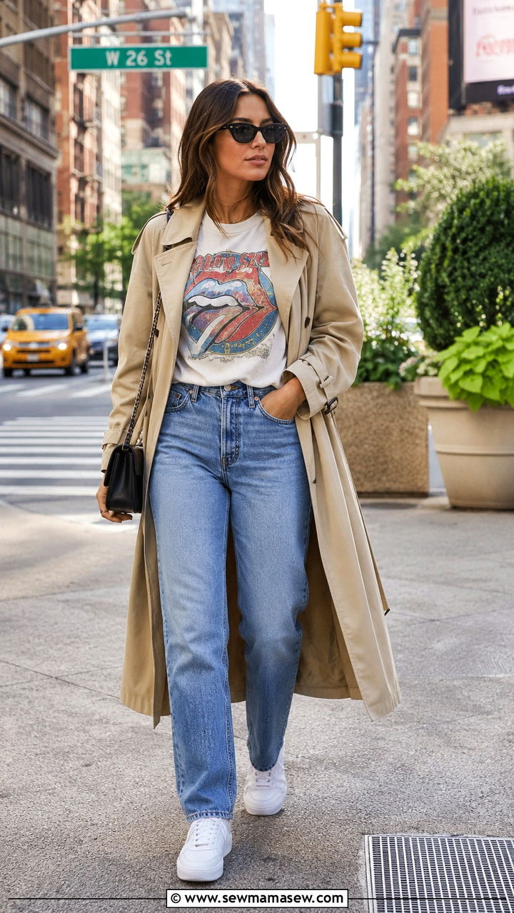 Trench Coat With High Waisted Jeans And Graphic Tee - 30 High waisted jeans outfit ideas with a trench coat