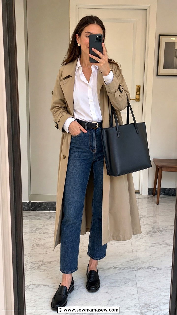 Trench Coat With High Waisted Jeans And Loafers - 30 High waisted jeans outfit ideas with a trench coat