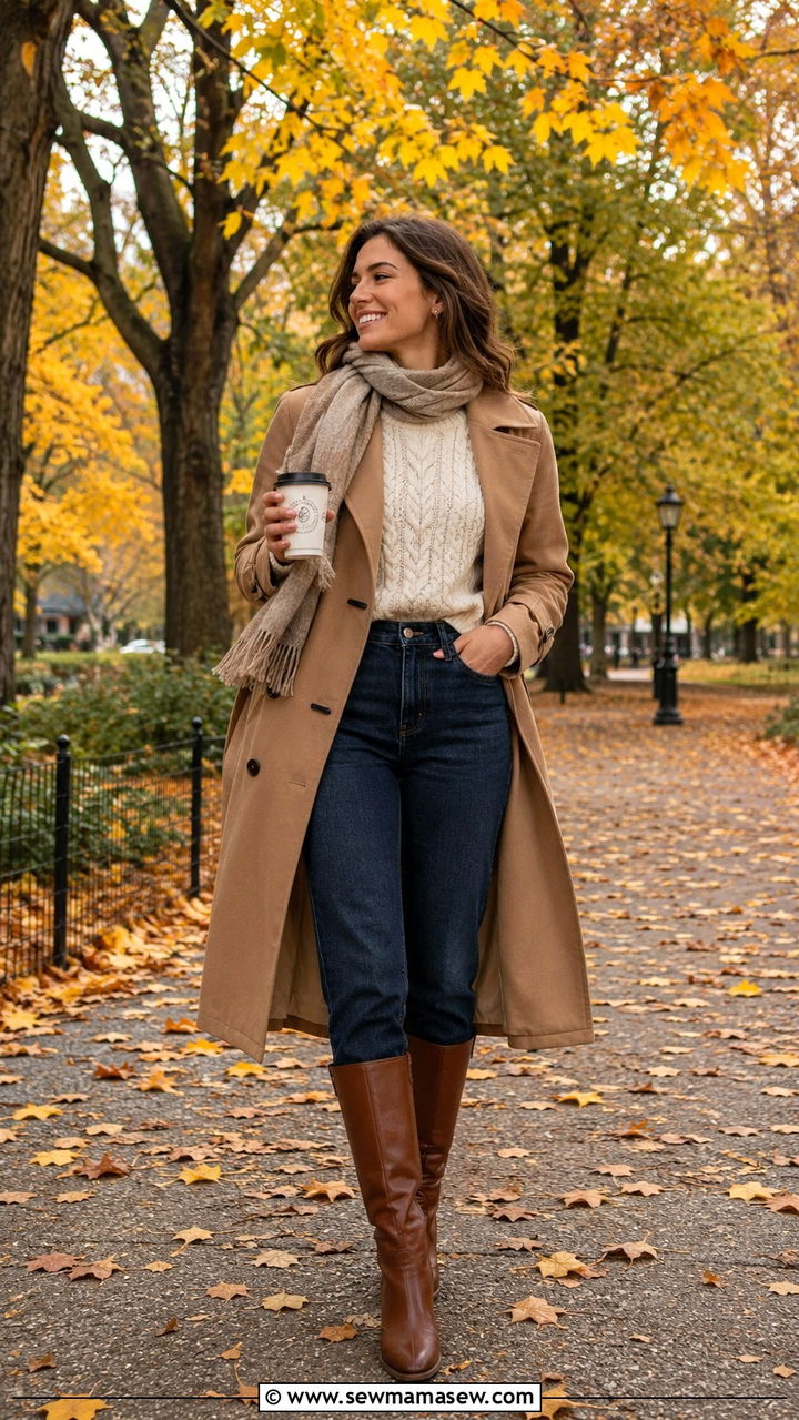 Trench Coat With High Waisted Jeans And Sweater - 30 High waisted jeans outfit ideas with a trench coat