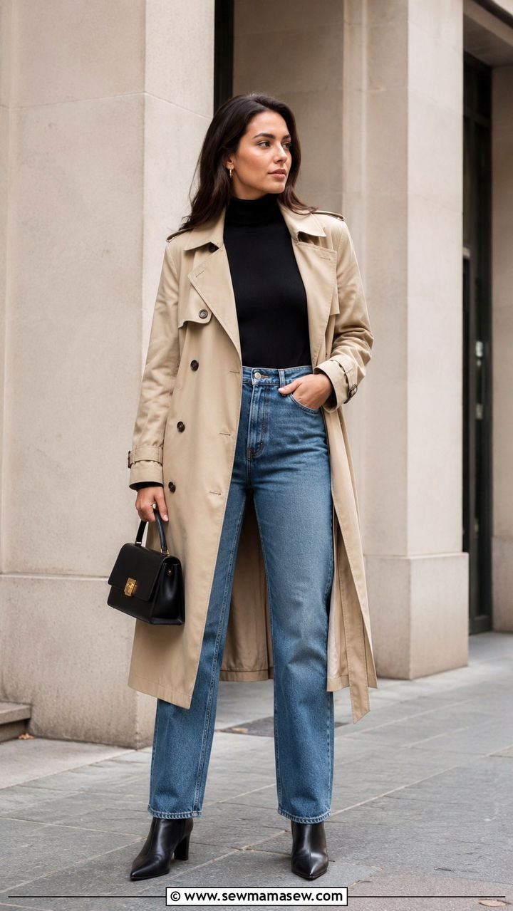 Trench Coat With High Waisted Jeans And Turtleneck - 30 High waisted jeans outfit ideas with a trench coat