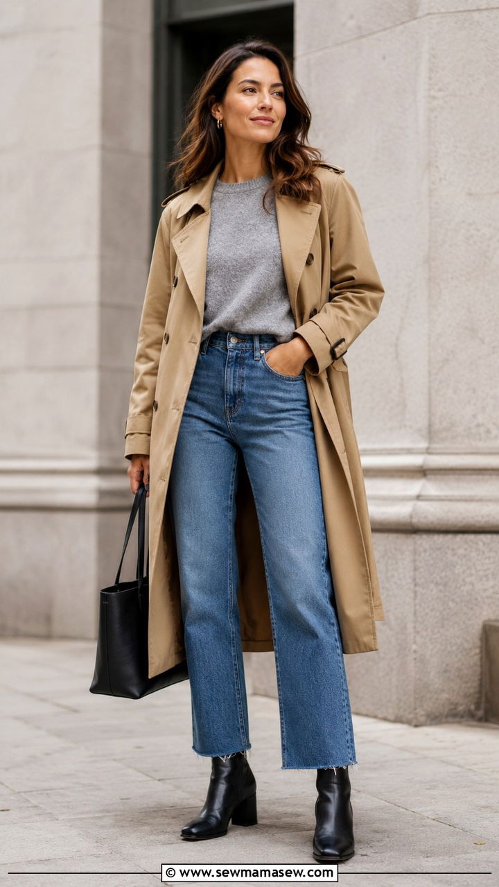 Trench Coat With High Waisted Straight Leg Jeans - 30 High waisted jeans outfit ideas with a trench coat