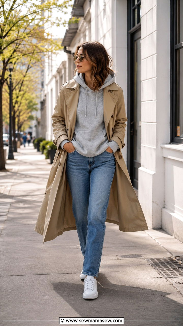 Trench Coat With Hoodie And Straight Leg Jeans - 30 transitional outfits inspo