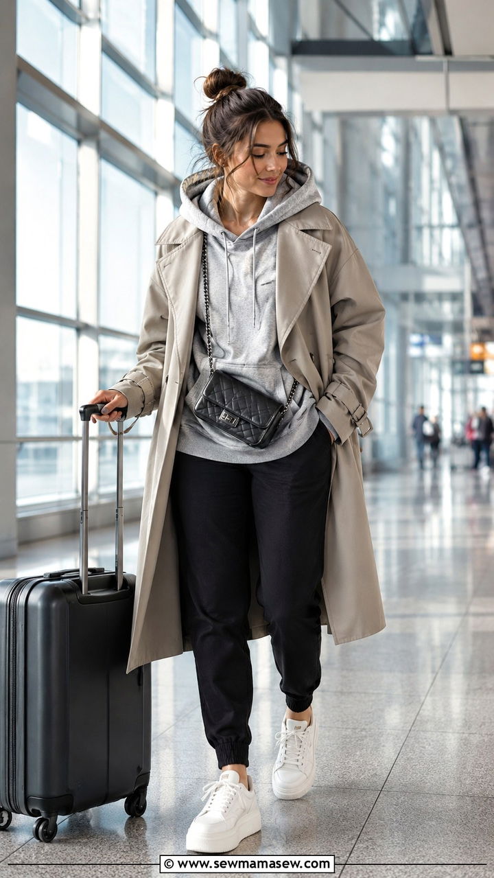 Trench Coat With Hoodie and Joggers - 30 chic trench coat outfit ideas