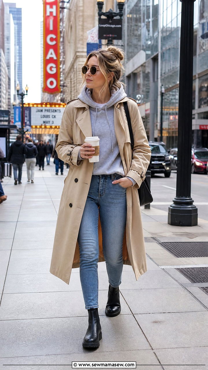 Trench Coat With Hoodie and Slim Jeans - 25 Chicago outfit ideas
