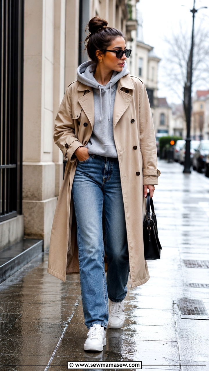 Trench Coat With Hoodie and Straight Leg Jeans - 30 rainy day outfits casual
