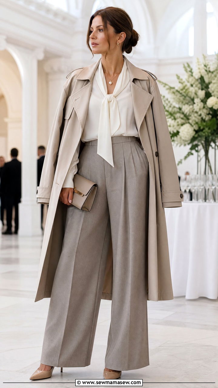 Trench Coat With Ivory Silk Blouse And Pleated Wide Leg Trousers - 25 Old money outfit ideas with trench coat