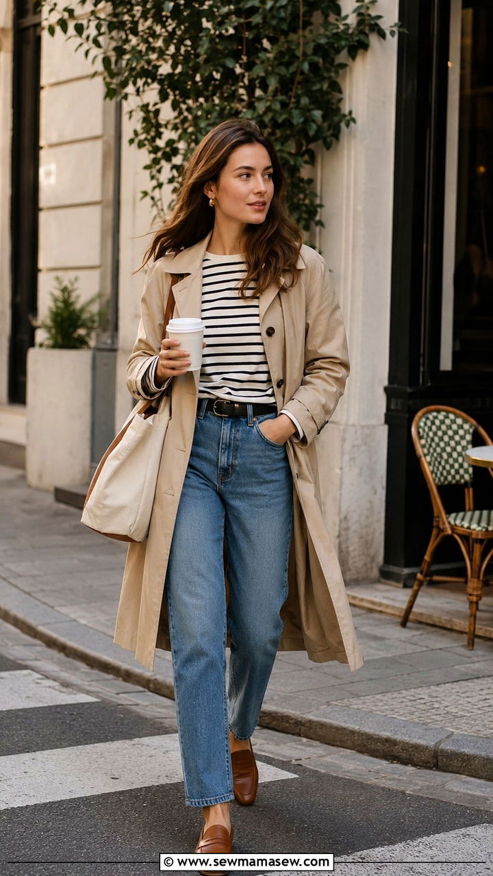 Trench Coat With Jeans And Loafers - 30 brunch outfits aesthetic