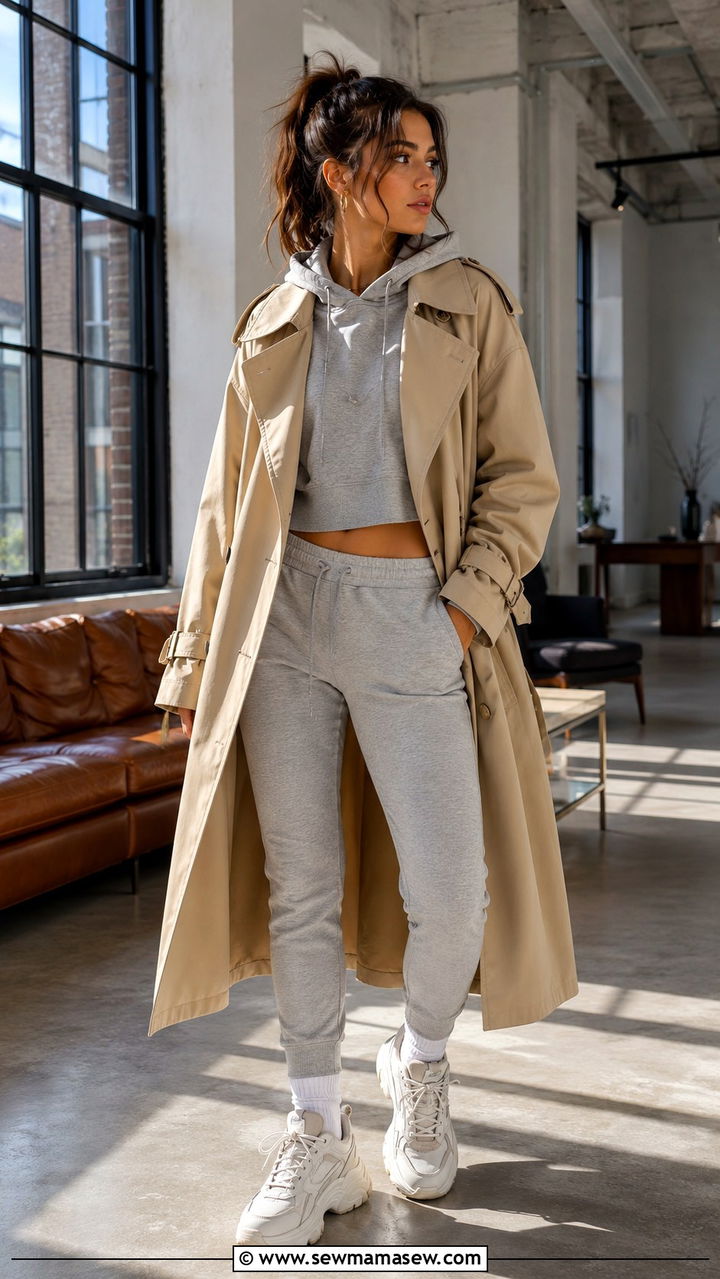 Trench Coat With Joggers And Chunky Sneakers - 30 Spring outfits with trench coats