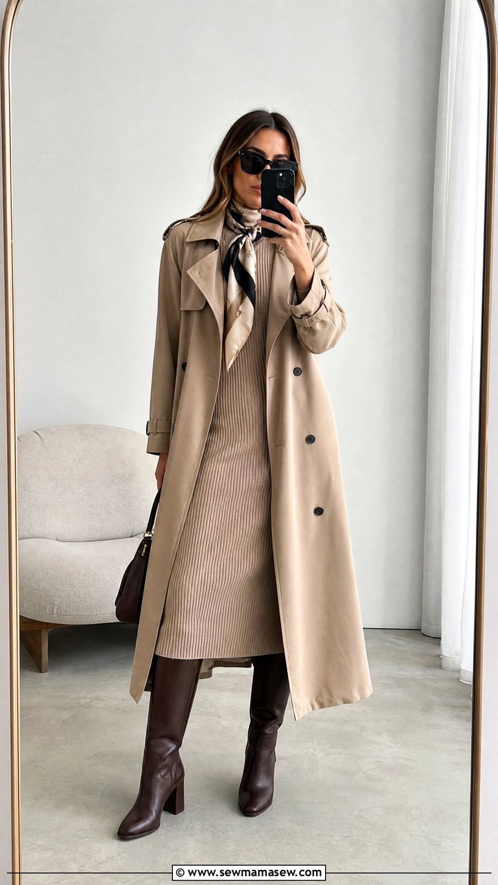 Trench Coat With Knit Dress And Knee Boots - 25 jacket outfits aesthetic