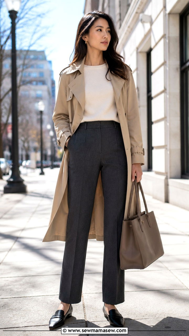 Trench Coat With Knit Top And Tailored Trousers - 30 transitional office outfit ideas