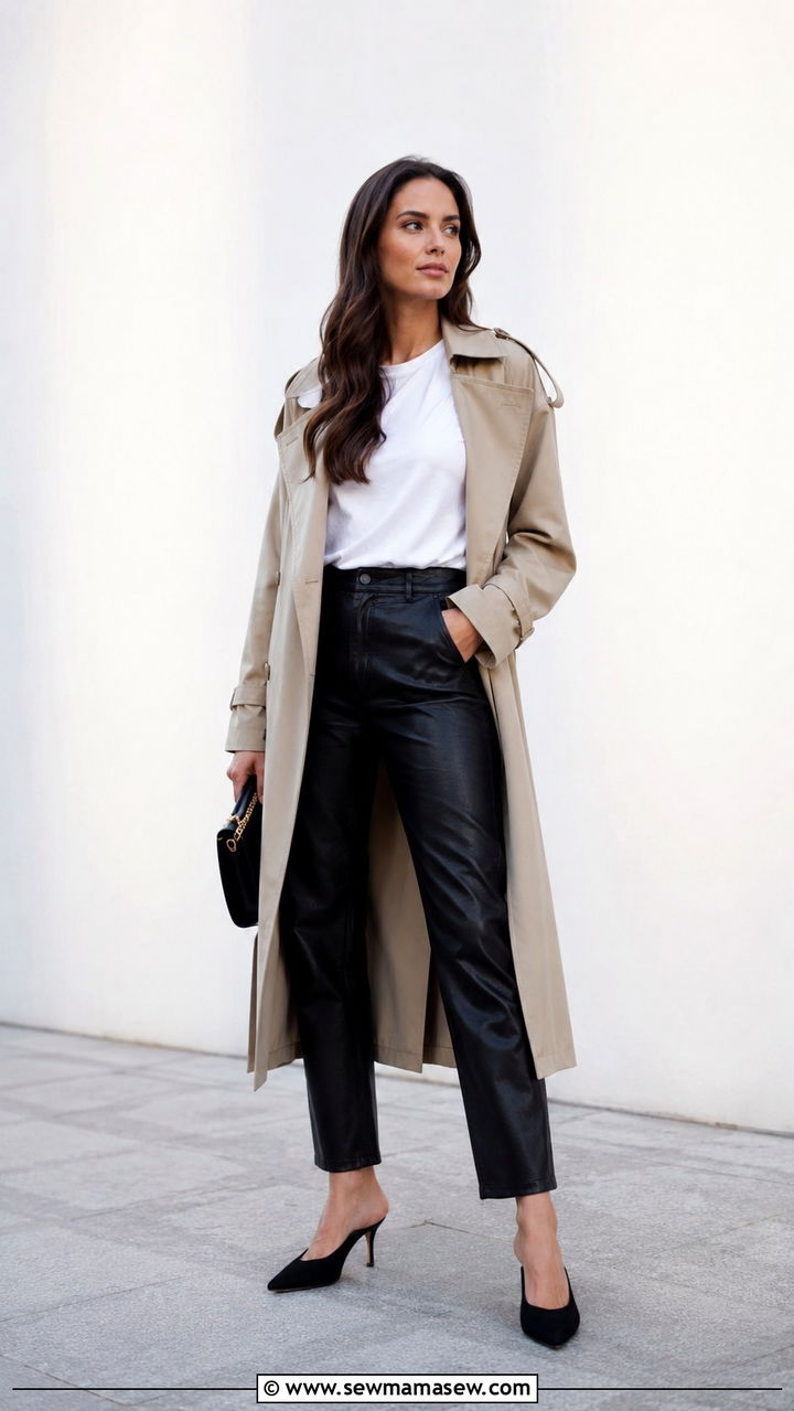 Trench Coat With Leather Pants And Heeled Mules - 30 Spring outfits with trench coats