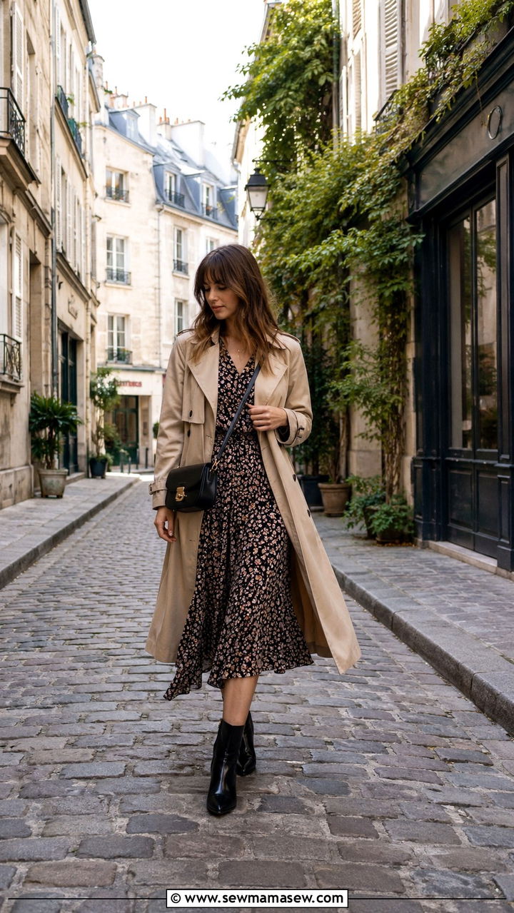 Trench Coat With Midi Dress and Ankle Boots - 30 parisian capsule wardrobe outfits
