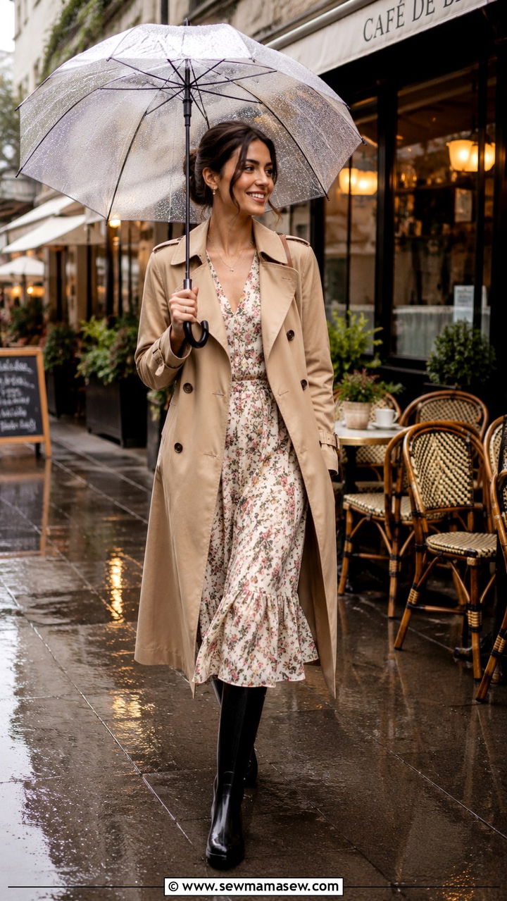 Trench Coat With Midi Dress and Knee High Boots - 25 rainy day outfits trends