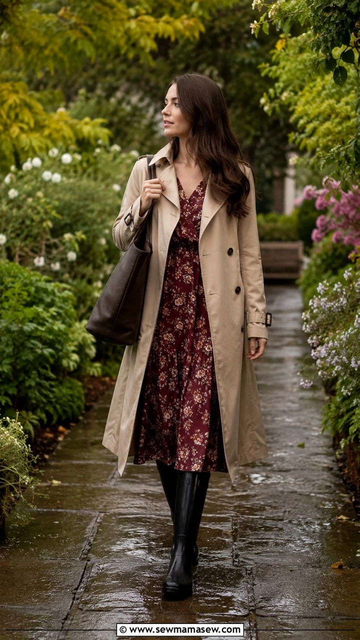 Trench Coat With Midi Dress and Rain Boots - 30 Rainy day school outfit ideas