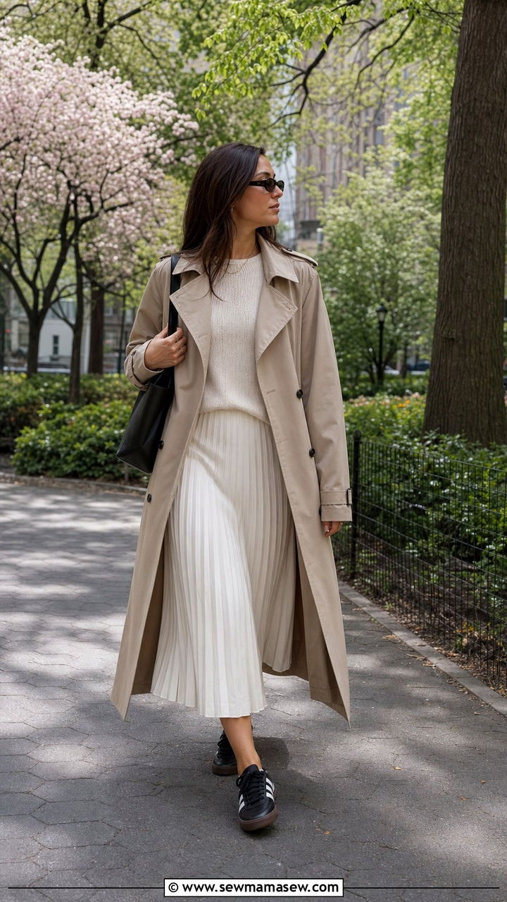 Trench Coat With Midi Skirt And Knit Sweater With Black Sambas - 25 spring outfits with adidas sambas