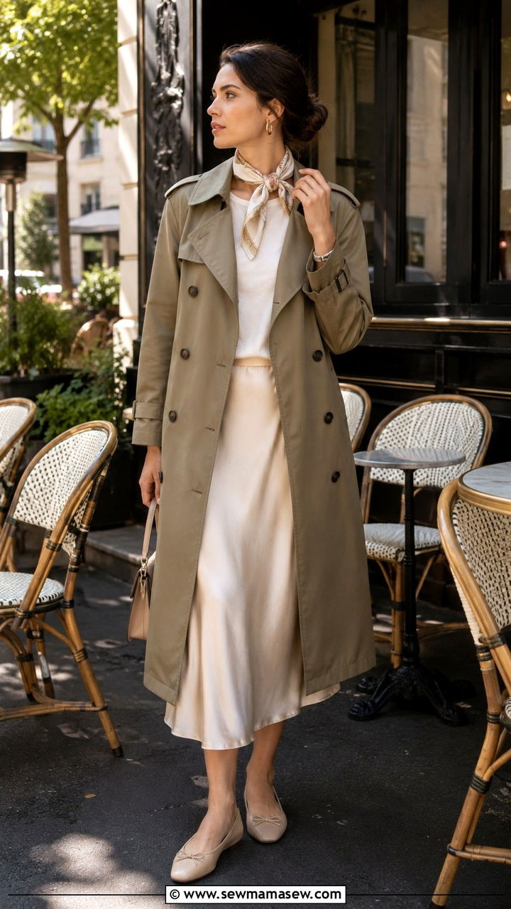 Trench Coat With Midi Skirt - 30 Modest outfit ideas Parisian