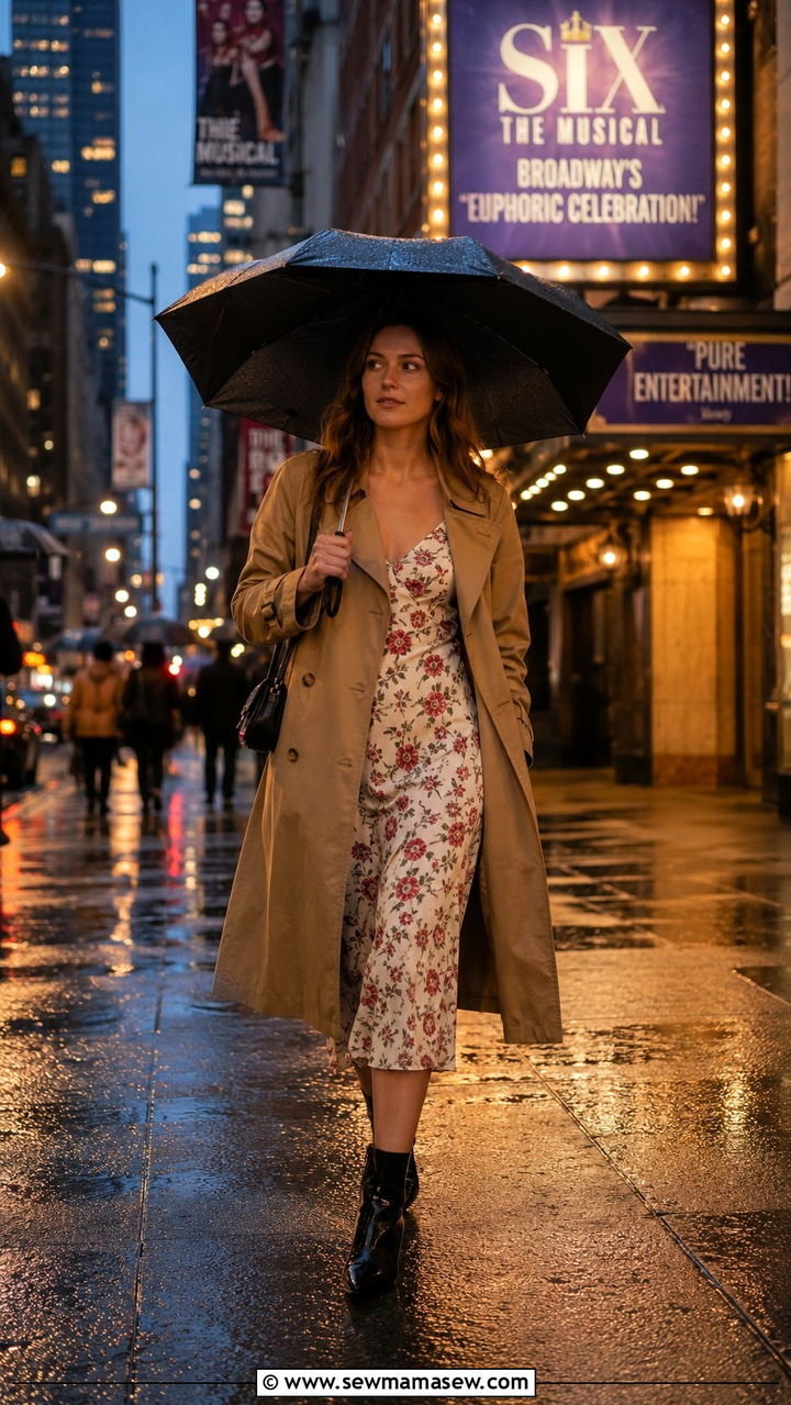 Trench Coat With Midi Slip Dress And Kitten Heel Ankle Boots - 30 Rainy day travel outfit ideas