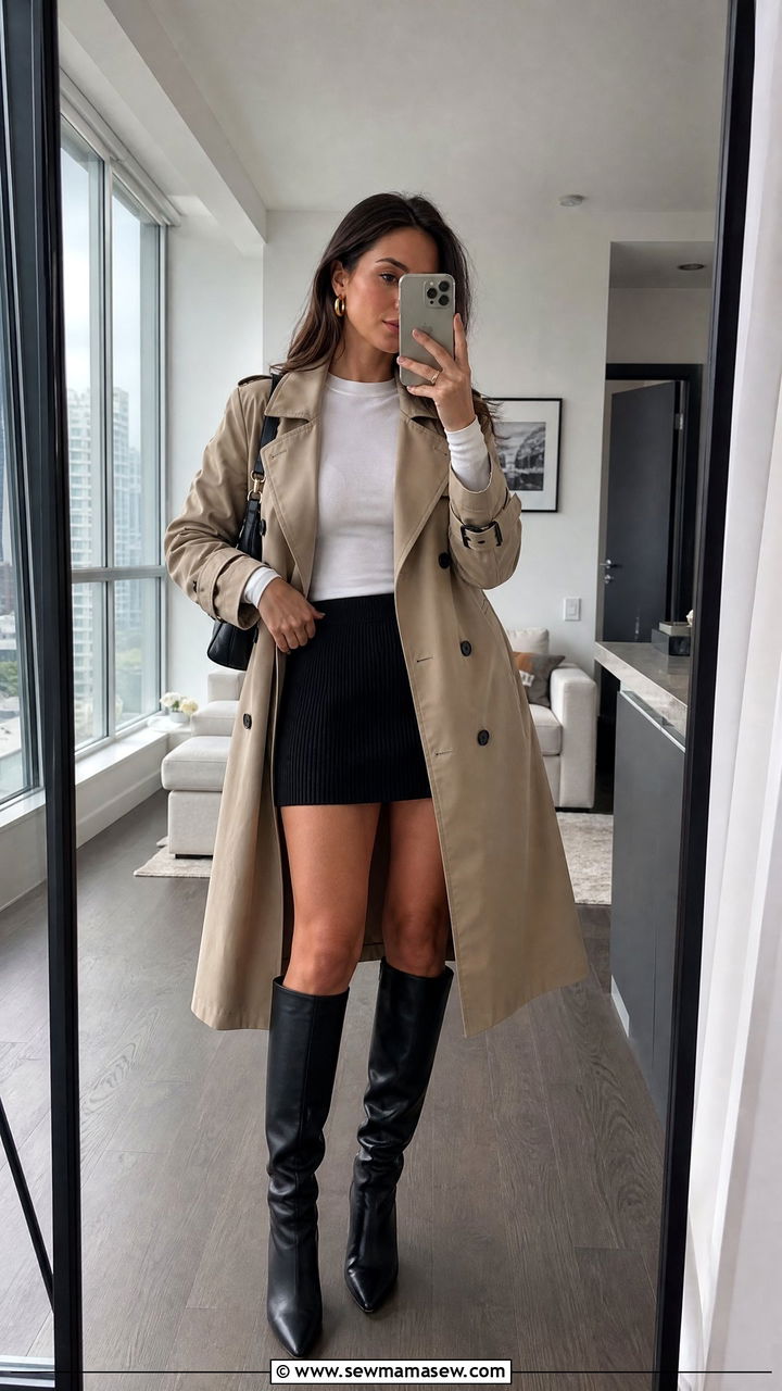 Trench Coat With Mini Skirt and Knee High Boots - 30 chic trench coat outfit ideas