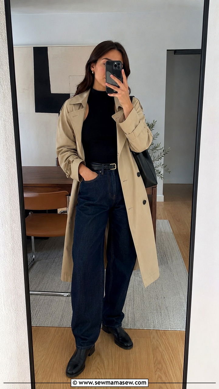 Trench Coat With Mock Neck Top and Chelsea Boots - 25 Baggy jeans outfit ideas with a trench coat