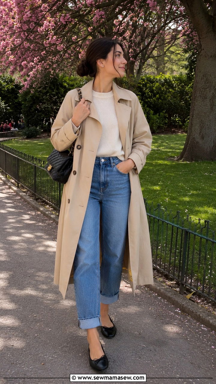 Trench Coat With Mom Jeans and Ballet Flats - 30 Mom jeans outfit ideas with a trench coat