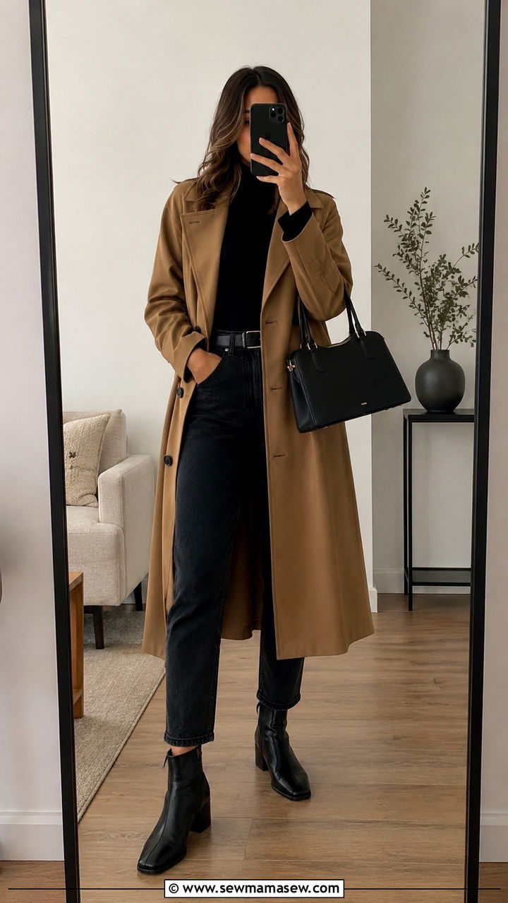 Trench Coat With Mom Jeans and Black Turtleneck - 30 Mom jeans outfit ideas with a trench coat