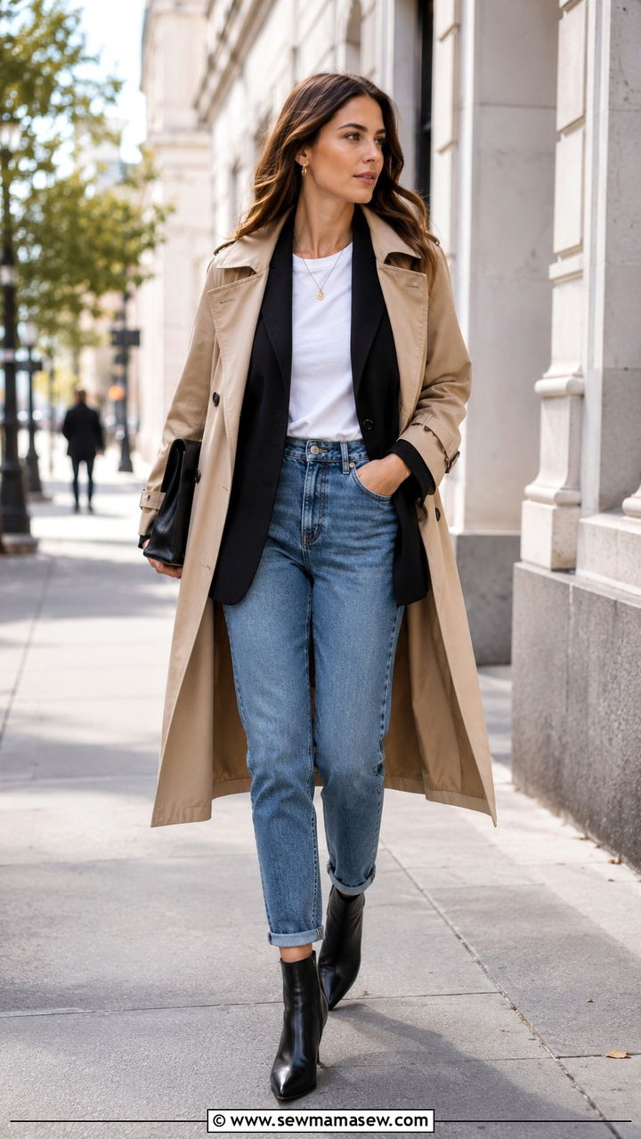 Trench Coat With Mom Jeans and Blazer - 30 Mom jeans outfit ideas with a trench coat
