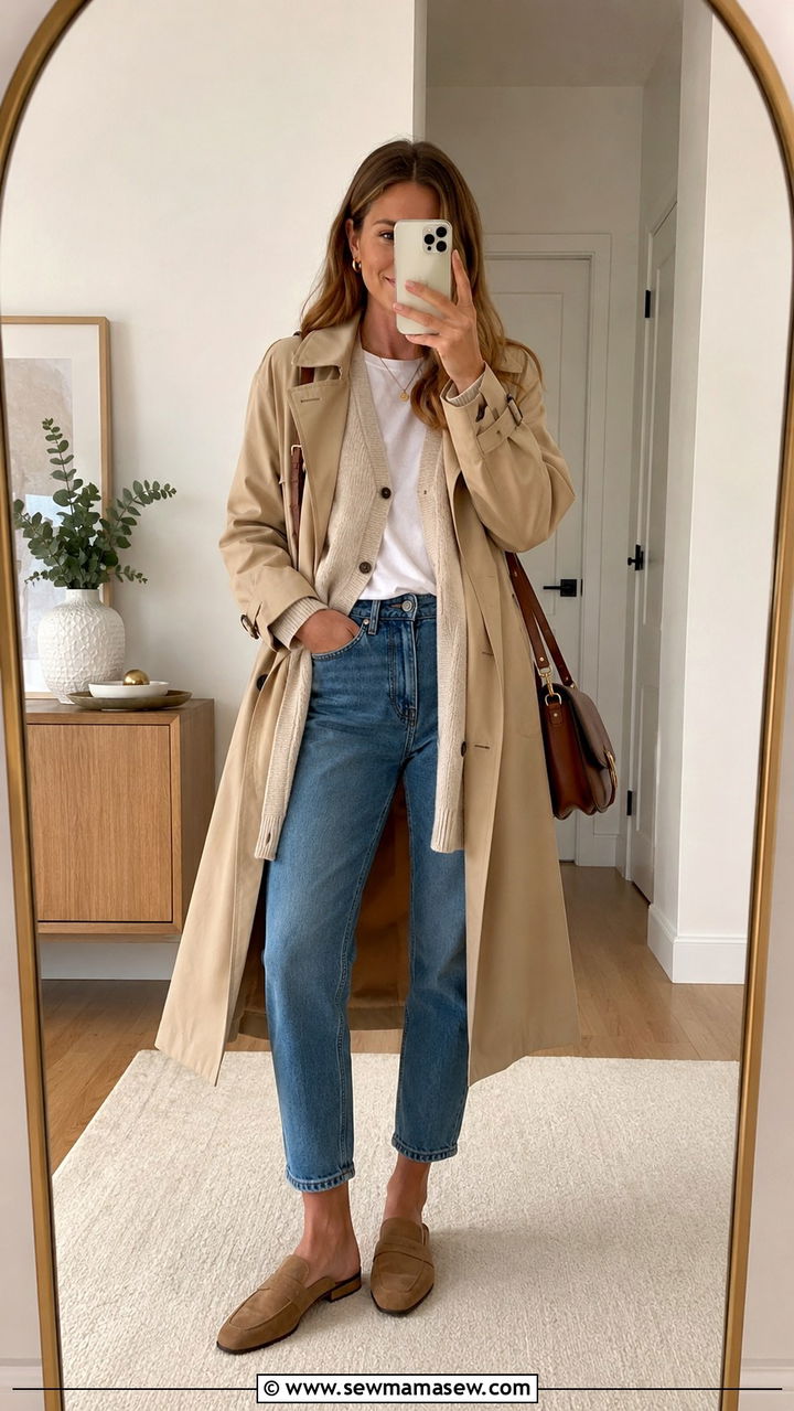 Trench Coat With Mom Jeans and Cardigan - 30 Mom jeans outfit ideas with a trench coat
