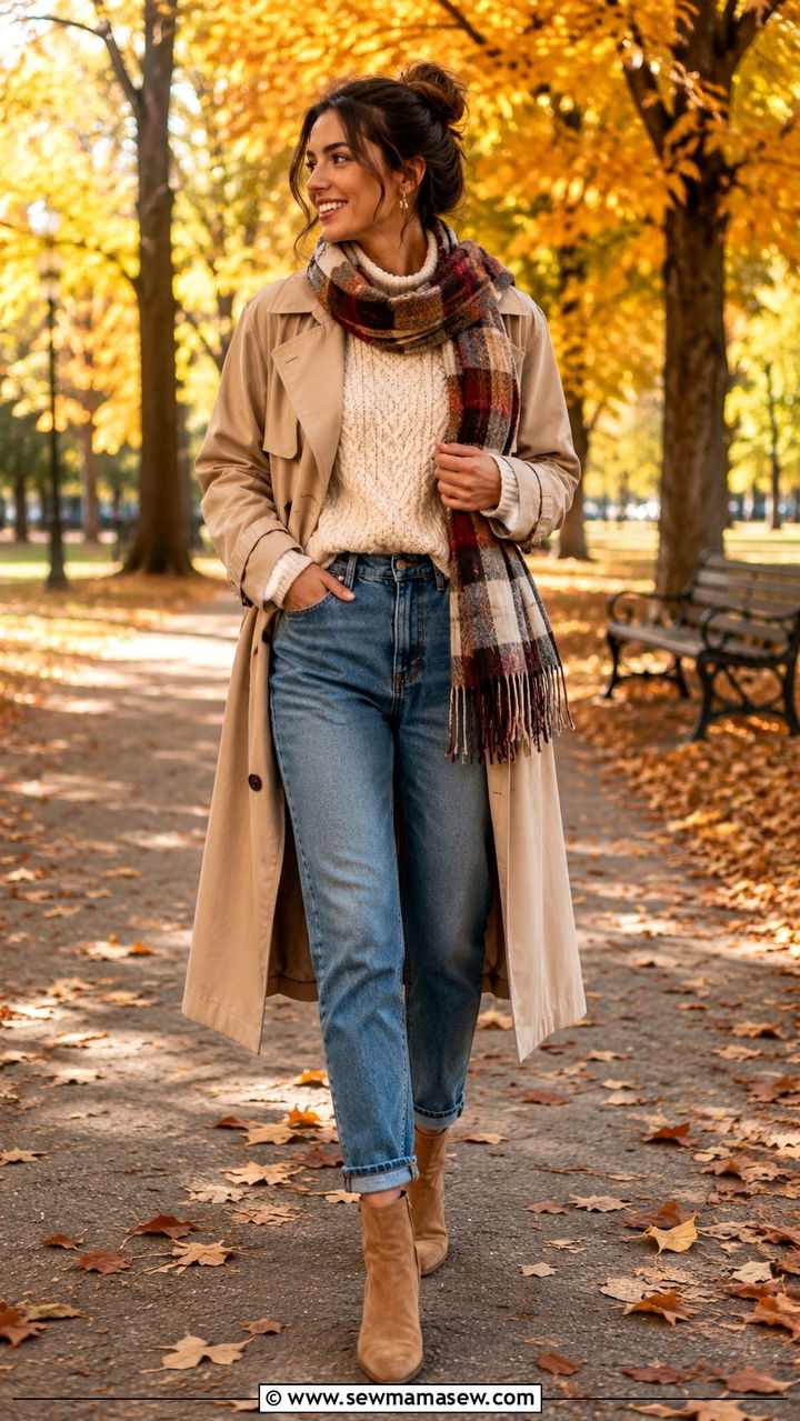 Trench Coat With Mom Jeans and Chunky Knit Sweater - 30 Mom jeans outfit ideas with a trench coat
