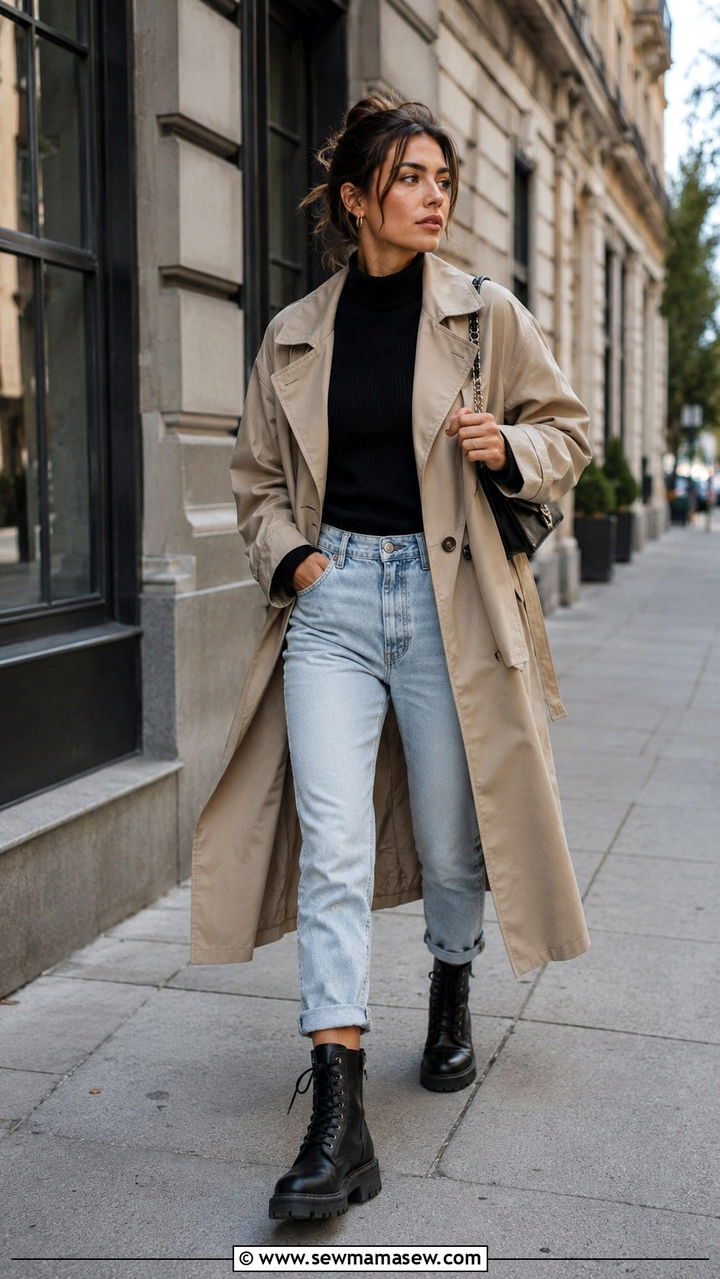 Trench Coat With Mom Jeans and Combat Boots - 30 Mom jeans outfit ideas with a trench coat