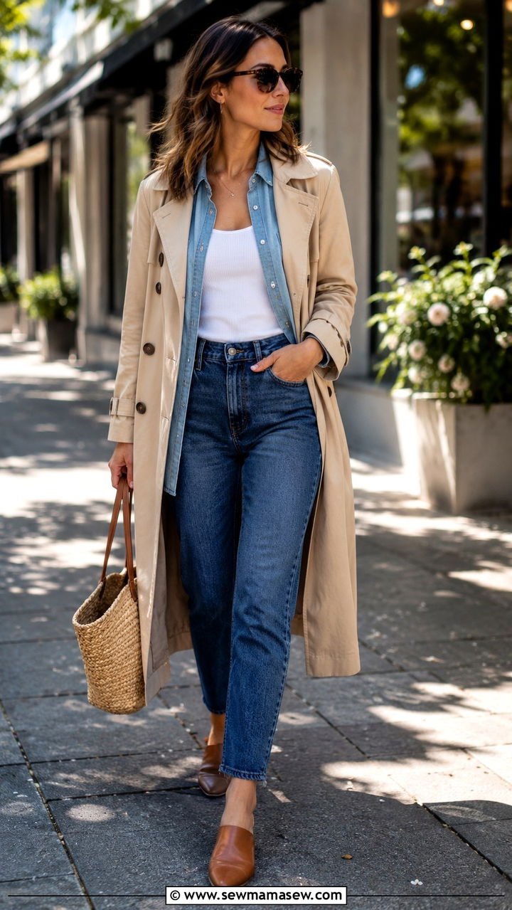 Trench Coat With Mom Jeans and Denim Shirt - 30 Mom jeans outfit ideas with a trench coat