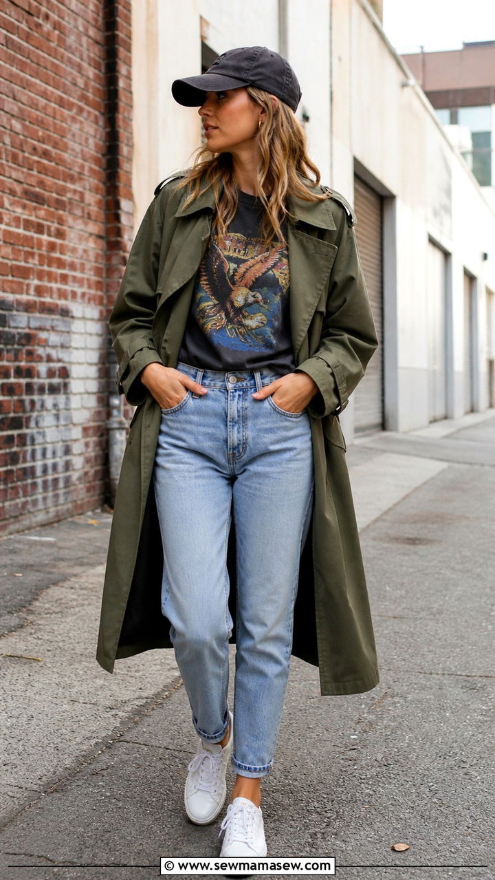 Trench Coat With Mom Jeans and Graphic Tee - 30 Mom jeans outfit ideas with a trench coat