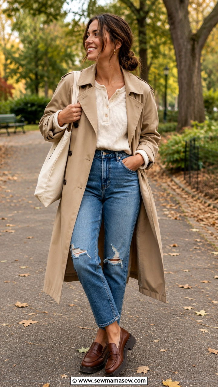 Trench Coat With Mom Jeans and Henley Shirt - 30 Mom jeans outfit ideas with a trench coat