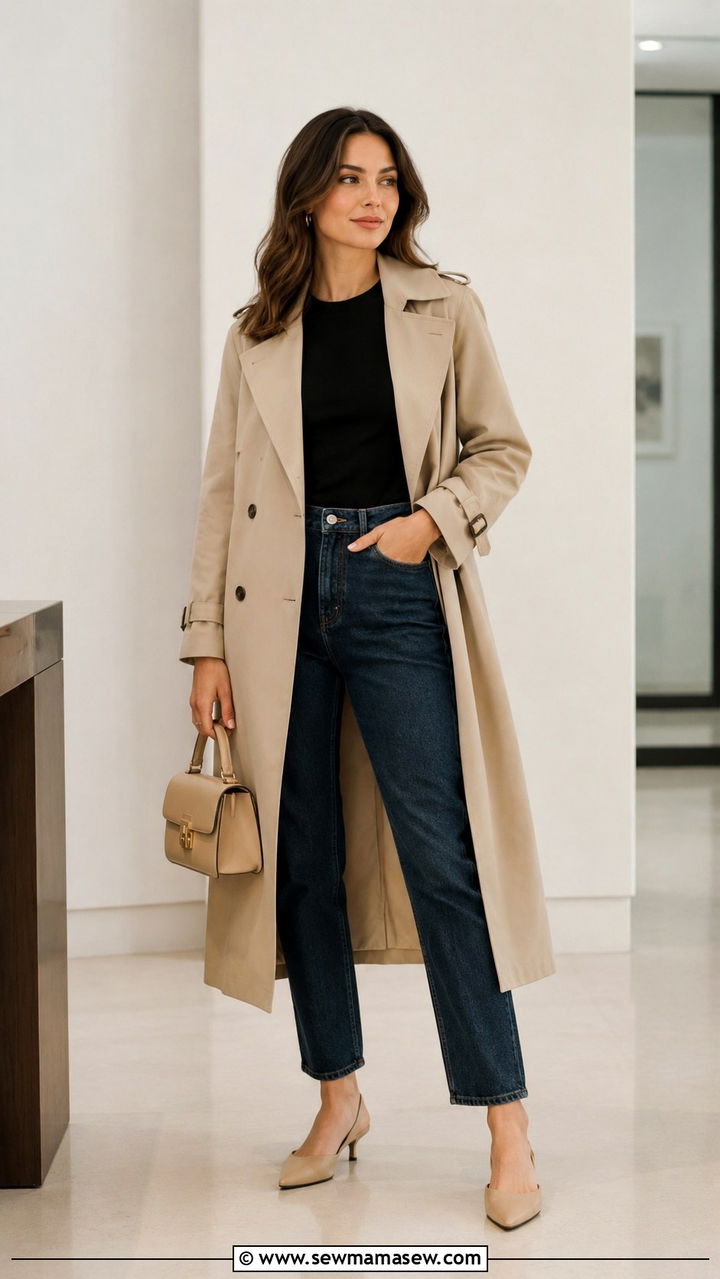 Trench Coat With Mom Jeans and Kitten Heels - 30 Mom jeans outfit ideas with a trench coat