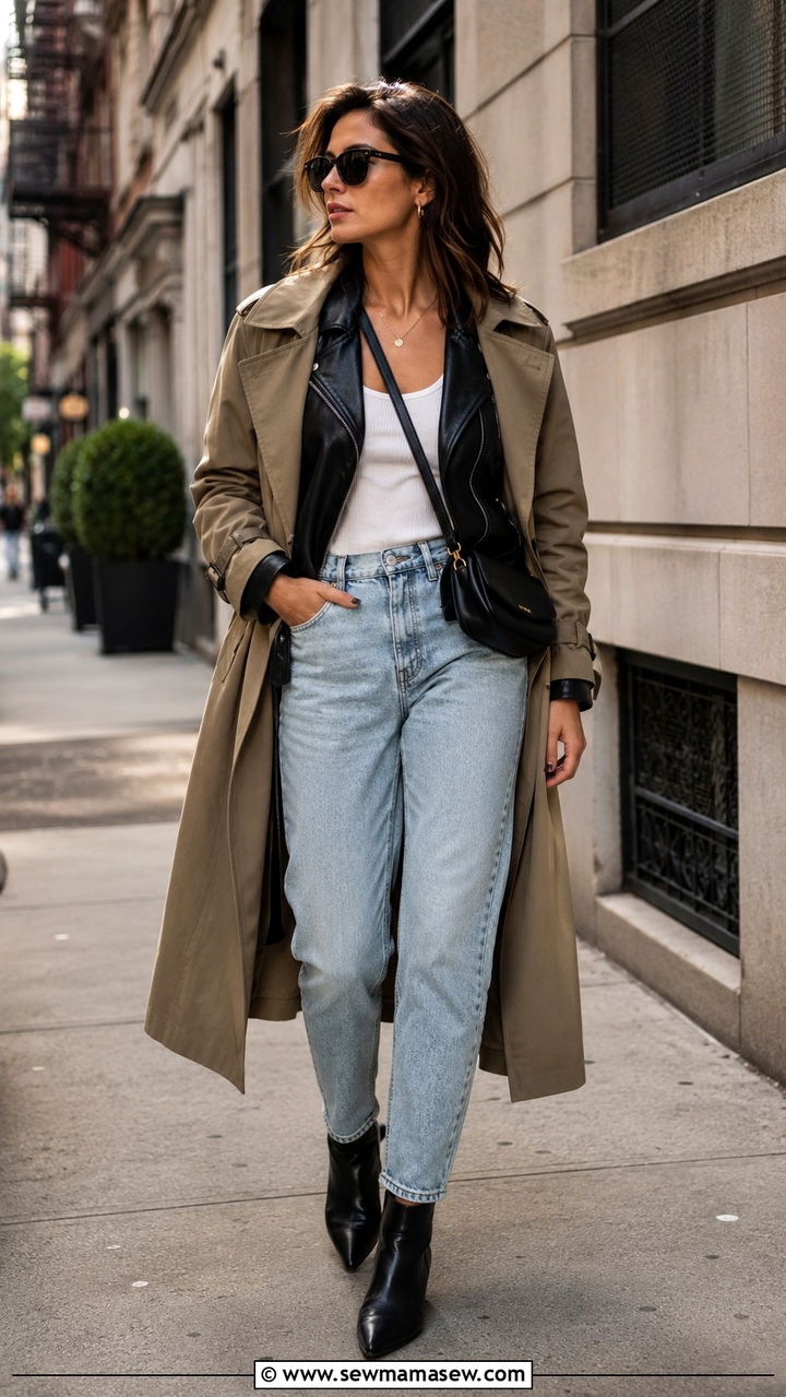 Trench Coat With Mom Jeans and Leather Jacket - 30 Mom jeans outfit ideas with a trench coat