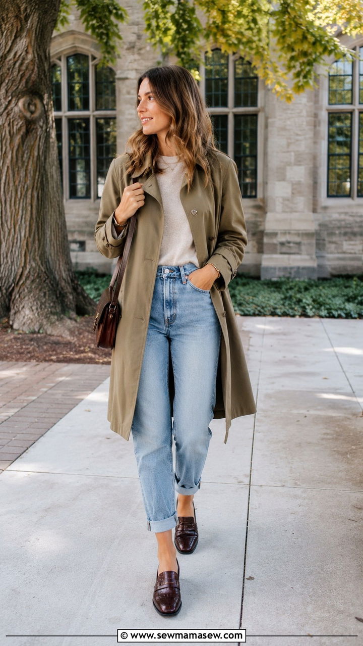 Trench Coat With Mom Jeans and Loafers - 30 Mom jeans outfit ideas with a trench coat