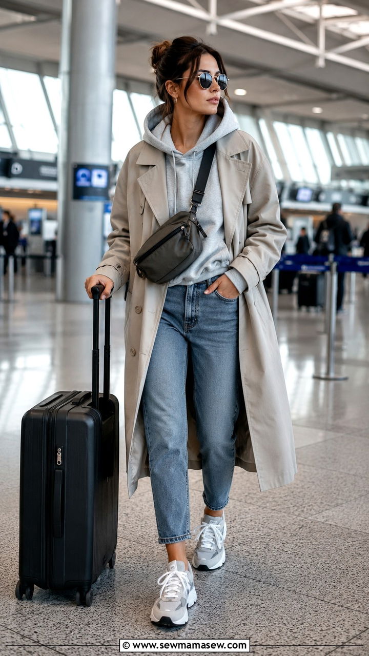 Trench Coat With Mom Jeans and Oversized Hoodie - 30 Mom jeans outfit ideas with a trench coat