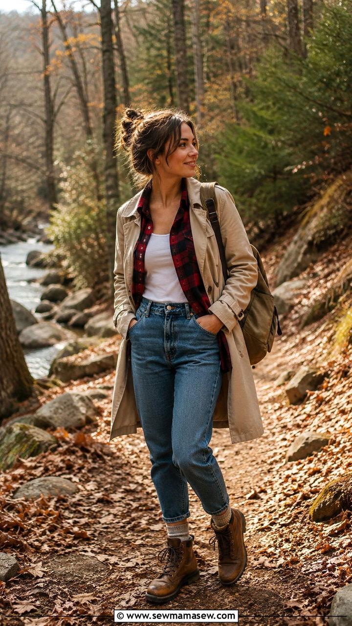 Trench Coat With Mom Jeans and Plaid Shirt - 30 Mom jeans outfit ideas with a trench coat