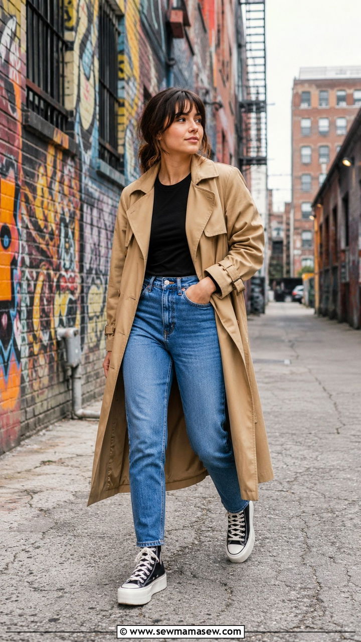 Trench Coat With Mom Jeans and Platform Canvas Sneakers - 30 Long trench coat outfit ideas with jeans