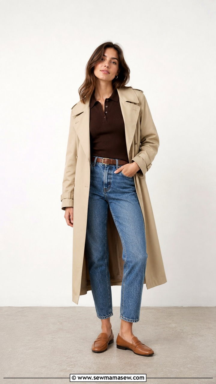 Trench Coat With Mom Jeans and Polo Knit - 30 Mom jeans outfit ideas with a trench coat
