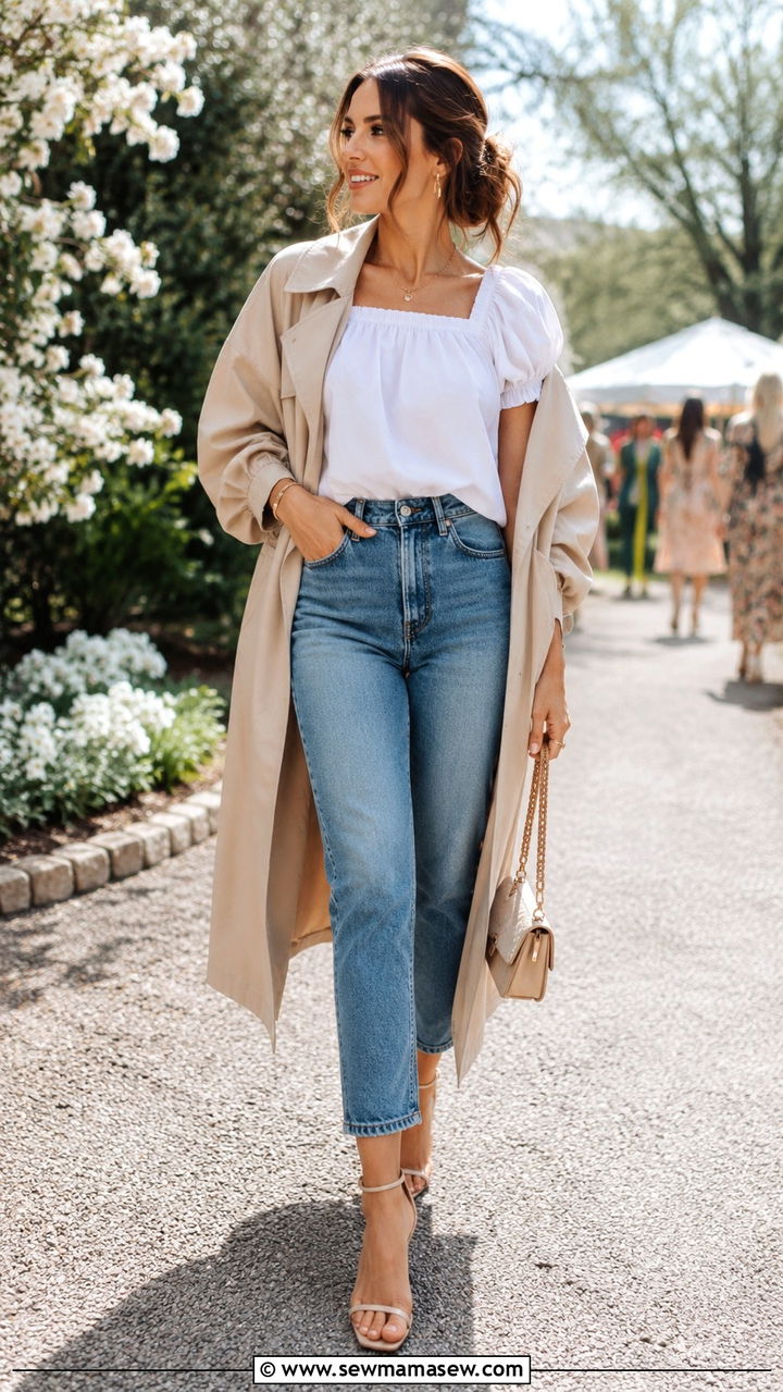Trench Coat With Mom Jeans and Puff Sleeve Top - 30 Mom jeans outfit ideas with a trench coat