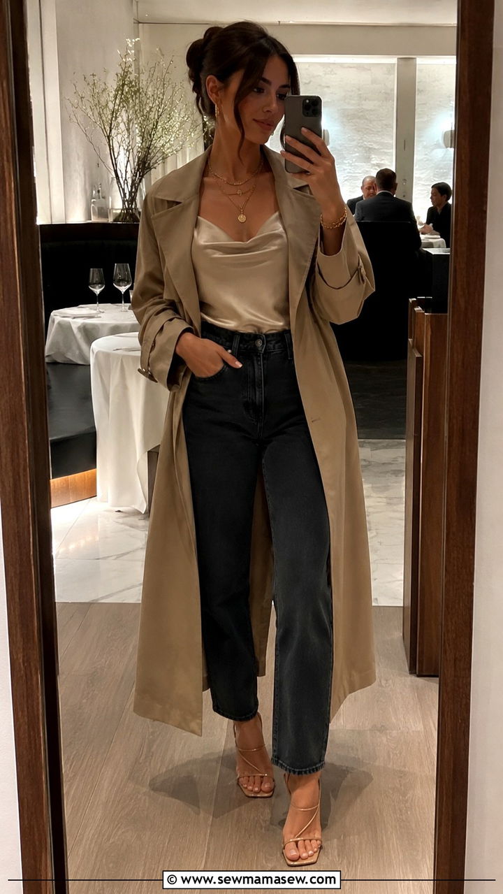 Trench Coat With Mom Jeans and Silk Camisole - 30 Mom jeans outfit ideas with a trench coat