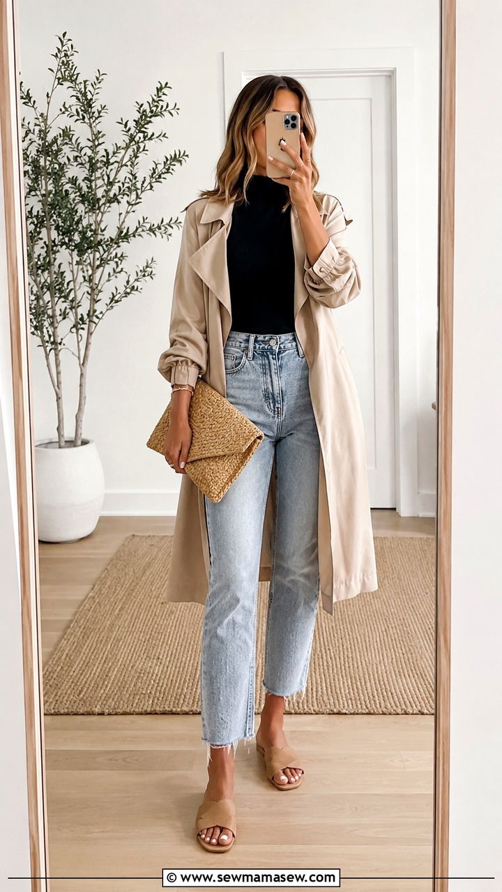 Trench Coat With Mom Jeans and Sleeveless Turtleneck - 30 Mom jeans outfit ideas with a trench coat