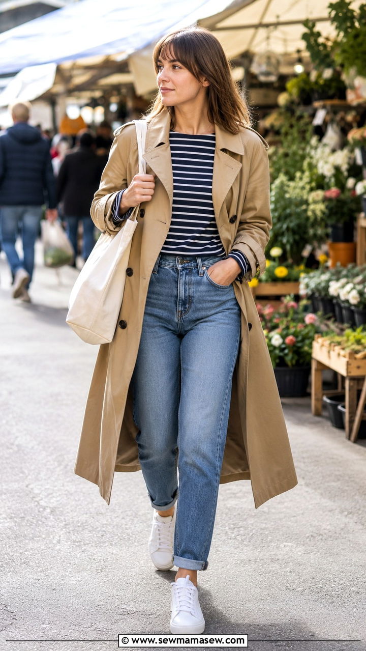 Trench Coat With Mom Jeans and Striped Shirt - 30 Mom jeans outfit ideas with a trench coat