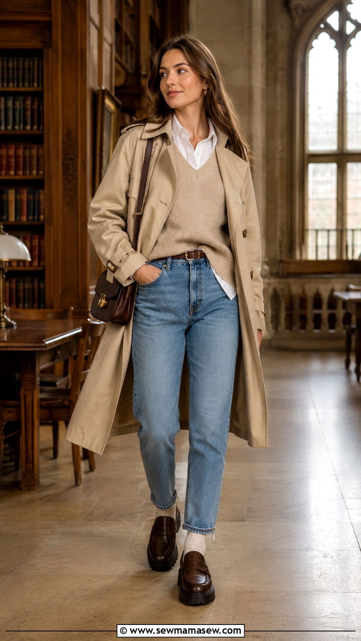 Trench Coat With Mom Jeans and Sweater Vest - 30 Mom jeans outfit ideas with a trench coat