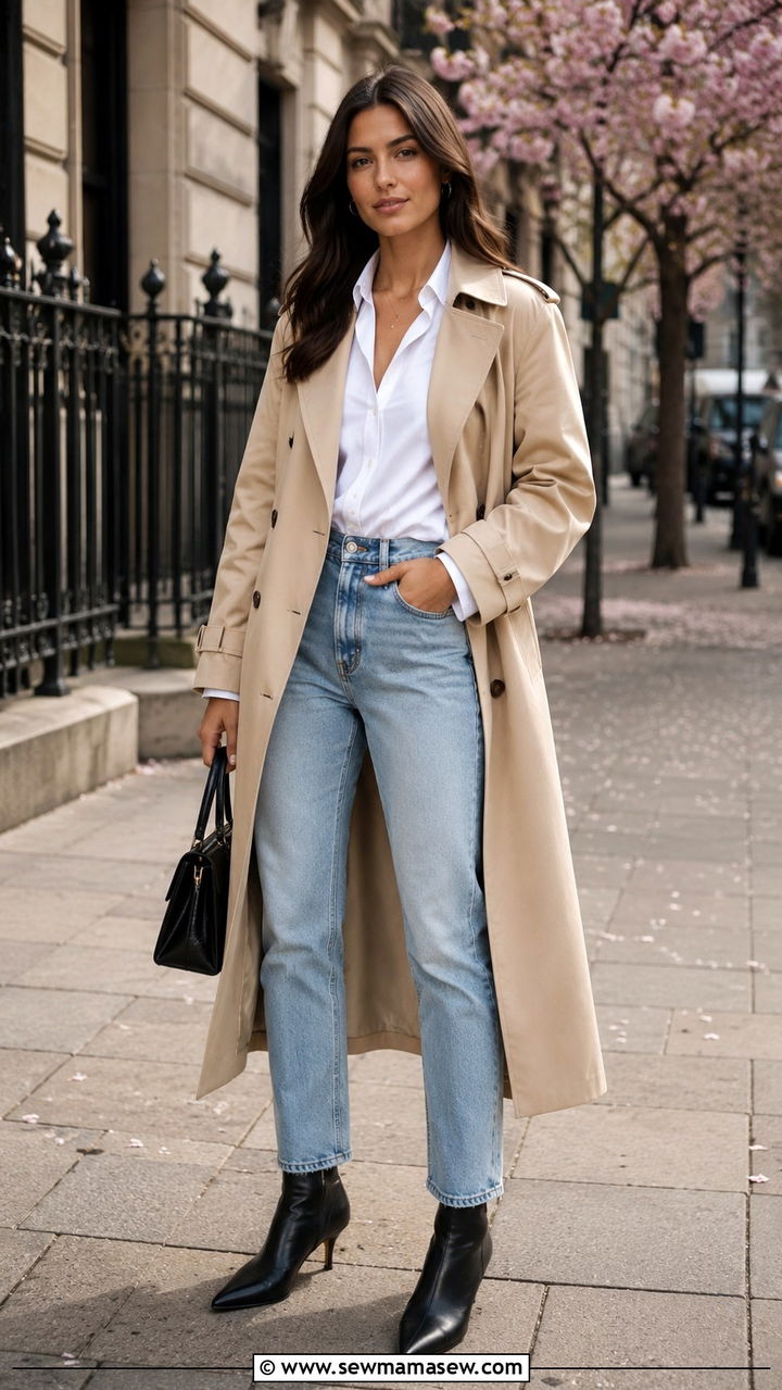 Trench Coat With Mom Jeans and White Button Down - 30 Mom jeans outfit ideas with a trench coat
