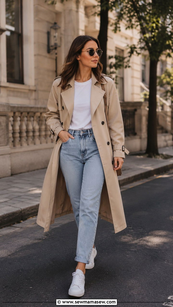 Trench Coat With Mom Jeans and White Sneakers - 30 Mom jeans outfit ideas with white sneakers