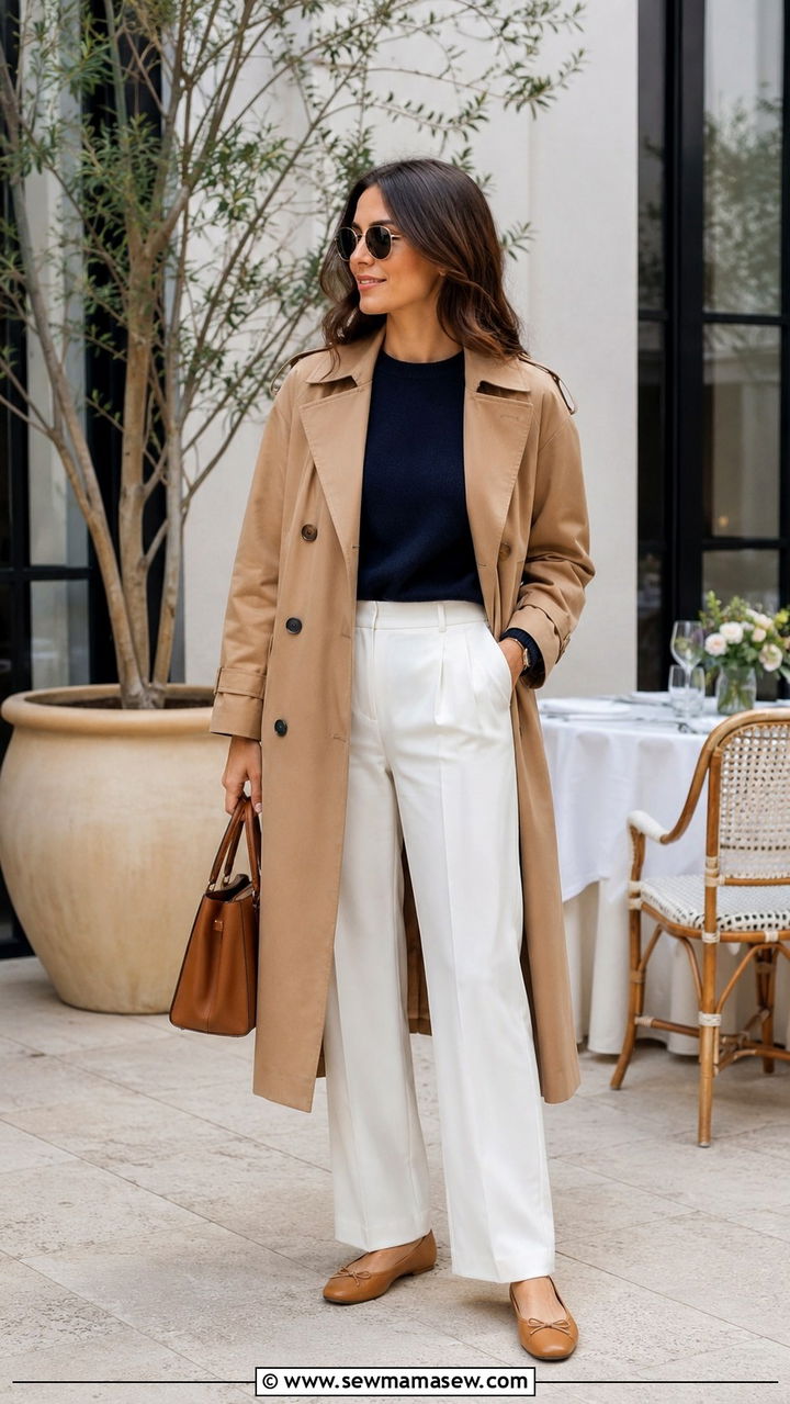 Trench Coat With Navy Sweater And White Trousers - 30 Spring outfits with trench coats