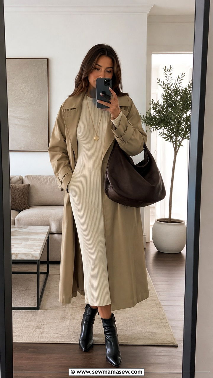 Trench Coat With Off White Knit Dress And Leather Boots - 25 Old money outfit ideas with trench coat